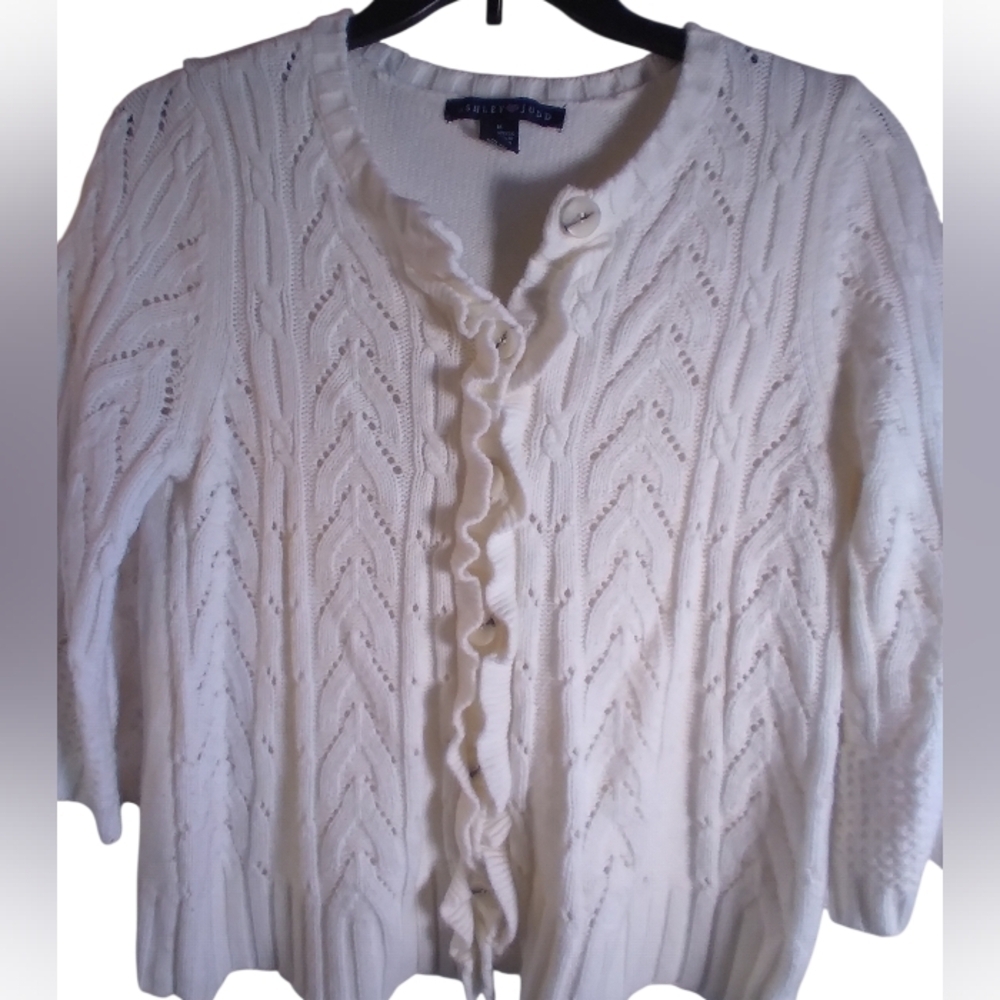 Ashley Judd Off White Button Down Sweater Ruffles Size Medium Cozy Grandmacore